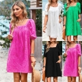 Women's Square Neck Eyelet Embroidery Mini Dress Summer Puff Sleeve Hollow Out A-Line Vacation Beach Dress With Pockets Elegant 100% Viscose Solid Color Sundress