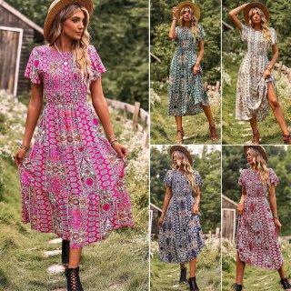 Women's Bohemian Floral Print Maxi Dress Short Sleeve Viscose Blend Smocked High Waist Flowy A-Line Party Long Dress Pastoral Style For Ladies