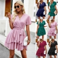 Elegant V-Neck Short Sleeve Ruffle Mini Dress With Tie Waist Solid Color Polyester A-Line Party Dress For Women Casual Summer Fashion