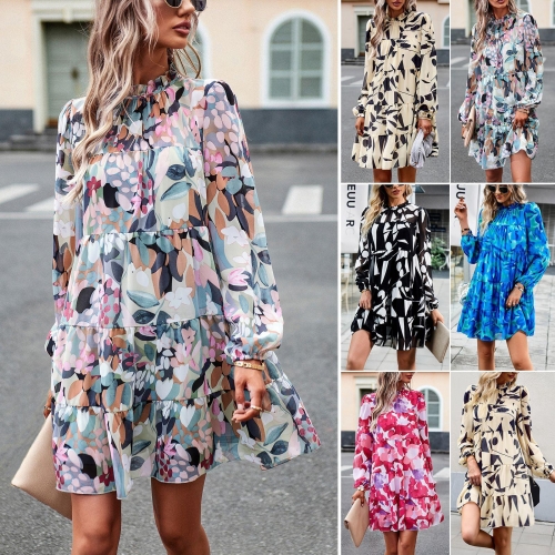 Women's Elegant Floral Geometric Print Dress Long Puff Sleeve Ruffle Hem Tiered A-Line Mini Dress With Back Tie High Neck Autumn Winter Fashion Ladies Boho Party Wear