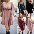 Women's Elegant Velvet Square Neck Long Sleeve Dress High Waist Pleated A-Line Mini Dress Solid Color Autumn Winter Commuter Fashion Dress