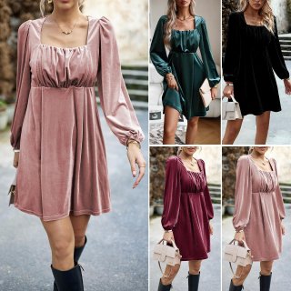 Women's Elegant Velvet Square Neck Long Sleeve Dress High Waist Pleated A-Line Mini Dress Solid Color Autumn Winter Commuter Fashion Dress