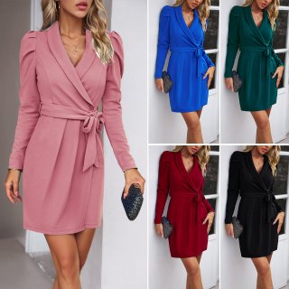 Women's Elegant Blazer Mini Dress Puff Sleeve Wrap V Neck Tie Waist Solid Color Slim Fit Short Dress for Cocktail Evening Party Business Casual