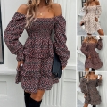 Women's Elegant Floral Print Mini Dress Off Shoulder Square Neck Smocked Waist Layered Ruffle Hem Boho Long Sleeve A-Line Casual Party Dress