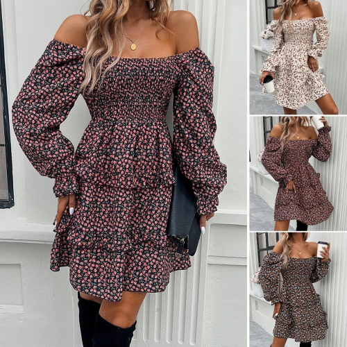Women's Elegant Floral Print Mini Dress Off Shoulder Square Neck Smocked Waist Layered Ruffle Hem Boho Long Sleeve A-Line Casual Party Dress