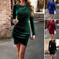Women Velvet Ruched Long Sleeve Mini Dress Sexy Asymmetric Bodycon Slim Fit Party Clubwear Autumn Winter Elegant Solid Color Short Gown