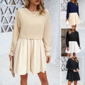 Women's Casual Long Sleeve Fake Two-Piece Spliced Pleated Dress Contrast Color Sweatshirt Style Round Neck Mini Dress For Daily Wear Spring Autumn