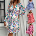 Women's Elegant V-Neck Long Sleeve Floral Print Chiffon Mini Dress Ruffle Hem Tiered A-Line Commuter Party Dress Pullover Spring Summer Fashion Dress