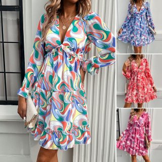 Women's Elegant V-Neck Long Sleeve Floral Print Chiffon Mini Dress Ruffle Hem Tiered A-Line Commuter Party Dress Pullover Spring Summer Fashion Dress