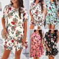 Women's Floral Print Chiffon Dress Short Sleeve Round Neck Ruffle Tiered A-Line Mini Dress Casual Summer Vacation Elegant Ladies Clothing