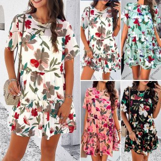 Women's Floral Print Chiffon Dress Short Sleeve Round Neck Ruffle Tiered A-Line Mini Dress Casual Summer Vacation Elegant Ladies Clothing