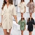 Women's Elegant Satin V-Neck Wrap Mini Dress Batwing Sleeve Draped Ruched Waist Sexy Party Cocktail Dress For Office Lady