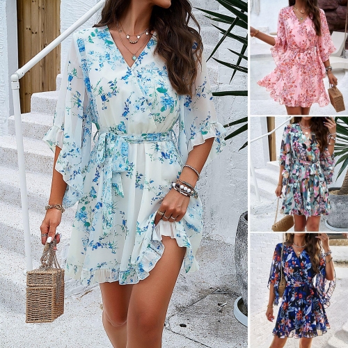 Women's Floral Print Polyester Chiffon Mini Dress V-Neck Flared Ruffle Sleeve Tie-Waist A-Line Resort Casual Short Dress For Women Summer Vacation Party