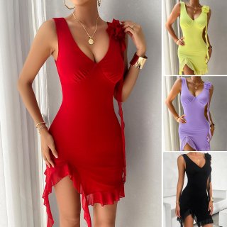 Women Sexy Viscose Elastane V-Neck Sleeveless Ruffle Mini Dress With 3D Flower Detail Irregular Hem Bodycon Party Dress For Women