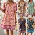 Bohemian Floral Print Viscose Dress V-Neck Short Sleeve Tassel Beach Vacation A-Line Mini Dress For Women Summer Ethnic Style Elegant Sundress