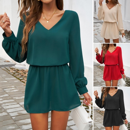 Women's 100% Polyester V-Neck Puff Long Sleeve A-Line Mini Dress Solid Color Casual Elastic Waist Short Skirt For Autumn Winter Daily Party