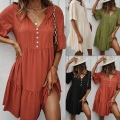 Women's Casual V Neck Ruffle Short Sleeve Mini Dress Summer Tiered Smock Button Down A-Line Short Dress for Vacation Party
