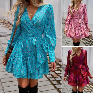 Elegant V-Neck Floral Leopard Print Long Puff Sleeve Mini Dress Women Ruffle Hem Wrap Tie Waist Autumn Winter Casual A-Line Party Dress