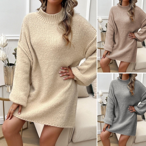 Women's Loose Knitted Sweater Dress Elegant Half High Neck Long Sleeve A-Line Mini Dress Casual Solid Color Ribbed Cuffs Warm Pullover For Autumn Winter Women