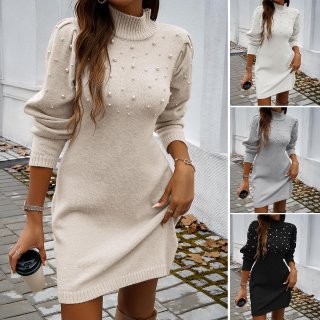 Elegant High Neck Pearl Beaded Sweater Dress Women Long Sleeve Puff Sleeve Polyester Acrylic Knit Bodycon Mini Dress For Autumn Winter