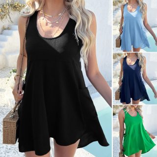 Women's 100% Polyester Sleeveless Mini Dress Backless Lace-up Pocket Vacation Beach Dress Casual Loose A-Line Tank Dress Summer Fashion