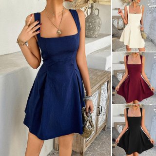 Women's Elegant Square Neck Sleeveless Mini Dress Polyester Spandex Knit A-Line Short Sundress With Backless Bow Decor For Summer Vacation Beach Party