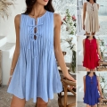 Women's Casual Sleeveless Pleated Mini Dress 100% Polyester Tie-Front Bow Keyhole Neckline A-Line Vacation Summer Beach Short Dress