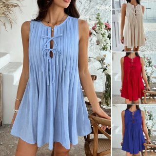 Women's Casual Sleeveless Pleated Mini Dress 100% Polyester Tie-Front Bow Keyhole Neckline A-Line Vacation Summer Beach Short Dress