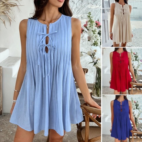 Women's Casual Sleeveless Pleated Mini Dress 100% Polyester Tie-Front Bow Keyhole Neckline A-Line Vacation Summer Beach Short Dress