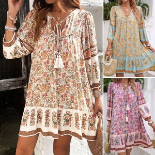 Women's Bohemian Floral Printed Viscose Dress V-Neck Tassel Tie-Up Puff Sleeve Ruffle Mini Dress Casual Vacation Beach Dress For Women