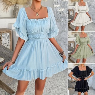 Mini Dress Viscose Polyamide Blend Short Bubble Sleeve Ruffle Trim Summer Vacation Holiday Sweet Retro Square Neck A-Line Short Skirt For Women