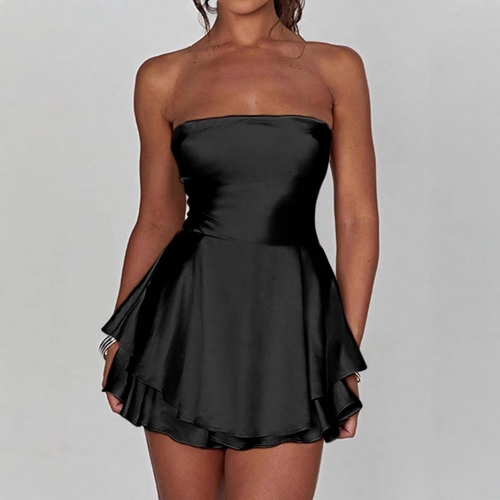 Women's Strapless Satin Mini Dress Y2K Backless Tiered Ruffle Hem Tube Top A-Line Cocktail Party Sexy Summer Fashion Dress