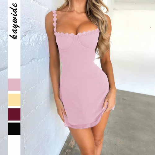 Women's Elegant Spaghetti Strap Lace Trim Mini Dress Sexy Corset Style Bodycon Sleeveless Solid Color High Waist A-Line Club Party Dress For Summer