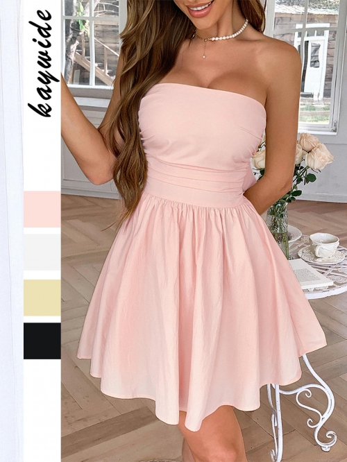 Women's Elegant Tube Top Mini Dress Bowknot Backless A-Line Woven Polyester Blend Sexy Summer Party Cocktail Dress For Women Solid Color