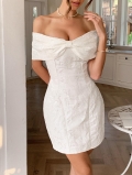 Women's Elegant Off-Shoulder Jacquard Bodycon Mini Dress With Bow Decoration Sexy Backless Slim Fit Polyester Party Cocktail Evening Dress