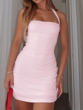 Women's Sexy Halter Ruched Bodycon Mini Dress Y2K Sleeveless Backless Tight Fitted Polyester Spandex Solid Color Summer Party Clubwear Fashion Short Dress