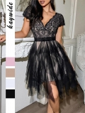 Women Elegant Lace Mesh Stitching Mini Dress V-Neck Layered Tulle Party Dress Sexy V-Back Short Sleeve Chic A-Line Dress for Women Party Night Out Wedding Guest