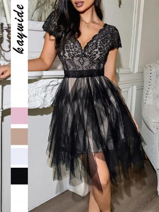 Women Elegant Lace Mesh Stitching Mini Dress V-Neck Layered Tulle Party Dress Sexy V-Back Short Sleeve Chic A-Line Dress for Women Party Night Out Wedding Guest