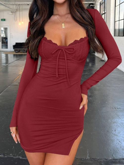 Women Sexy Bodycon Mini Dress Long Sleeve Lace Splicing Tie Front Ruched Ribbed Knit Y2K Style Side Slit Party Club Outfits for Women