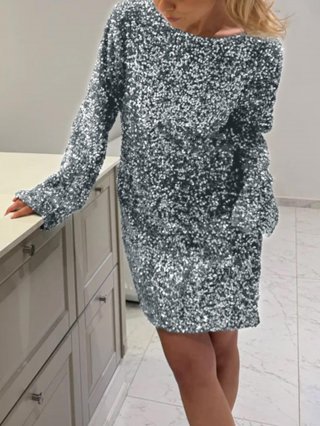 Women's Elegant Sequin Long Sleeve Mini Dress With Backless Big Bow Decoration Sexy Bodycon Party Dress For Ladies Evening Night Out