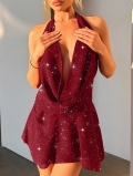 Elegant Halter Mini Dress Glitter Deep V Neck Backless Ruffle Hem Sexy Solid Color Sleeveless Evening Party Cocktail Dress For Women