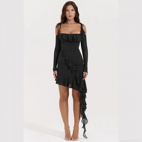 Women's Sexy Off Shoulder Ruffle Mini Dress Asymmetric Mesh Long Sleeve Bodycon Party Clubwear Dresses