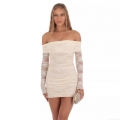 Women's Sexy Off-the-Shoulder Lace Mini Dress Long Sleeve Pleated Bodycon Hip-Hugging Clubwear Party Evening Chic Dress Nylon Spandex Blend