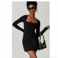 Sexy Bodycon Mini Dress For Women Square Neck Long Sleeve Side Slit Polyester Spandex Blend Slim Fit Party Clubwear Casual Dress
