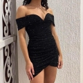 Women's Sexy V Neck Off Shoulder Sequin Mini Dress Pleated Bodycon Party Club Evening Dress Sleeveless Backless Socialite Short Skirt