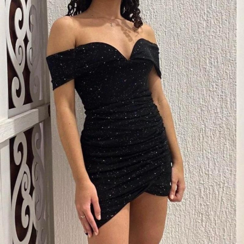 Women's Sexy V Neck Off Shoulder Sequin Mini Dress Pleated Bodycon Party Club Evening Dress Sleeveless Backless Socialite Short Skirt