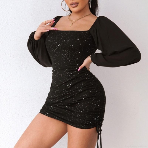 Women Sexy Bodycon Mini Dress Ruched Drawstring Square Neck Long Lantern Sleeve Shimmer Sequin Party Night Out Dresses