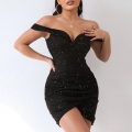 Women's Sexy V-Neck Off-Shoulder Glitter Sequin Mini Dress Ruched Bodycon Party Evening Club Dress Slim Fit Solid Color Polyester Short Dress