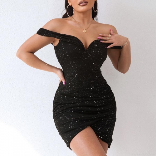 Women's Sexy V-Neck Off-Shoulder Glitter Sequin Mini Dress Ruched Bodycon Party Evening Club Dress Slim Fit Solid Color Polyester Short Dress