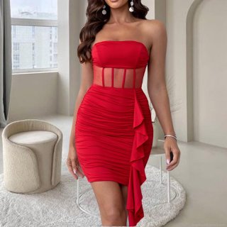 Women Sexy Red Bandeau Mini Dress Mesh Stitching Ruching Ruffle Bodycon Dress Elegant Socialite Style Party Club Short Dress
